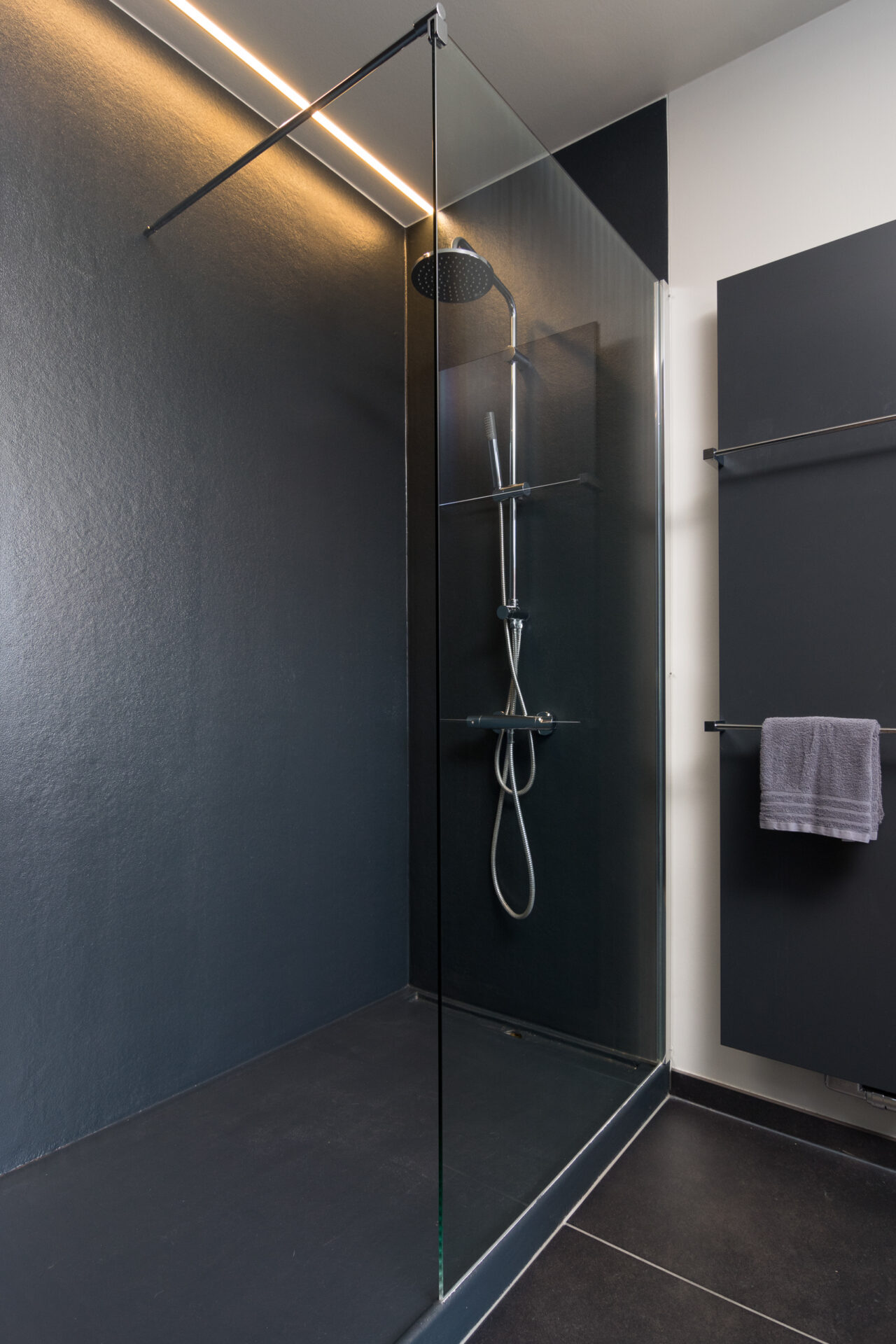 Inloopdouche met Hansgrohe Rainshower in Voegloze Badkamer te Lauwe