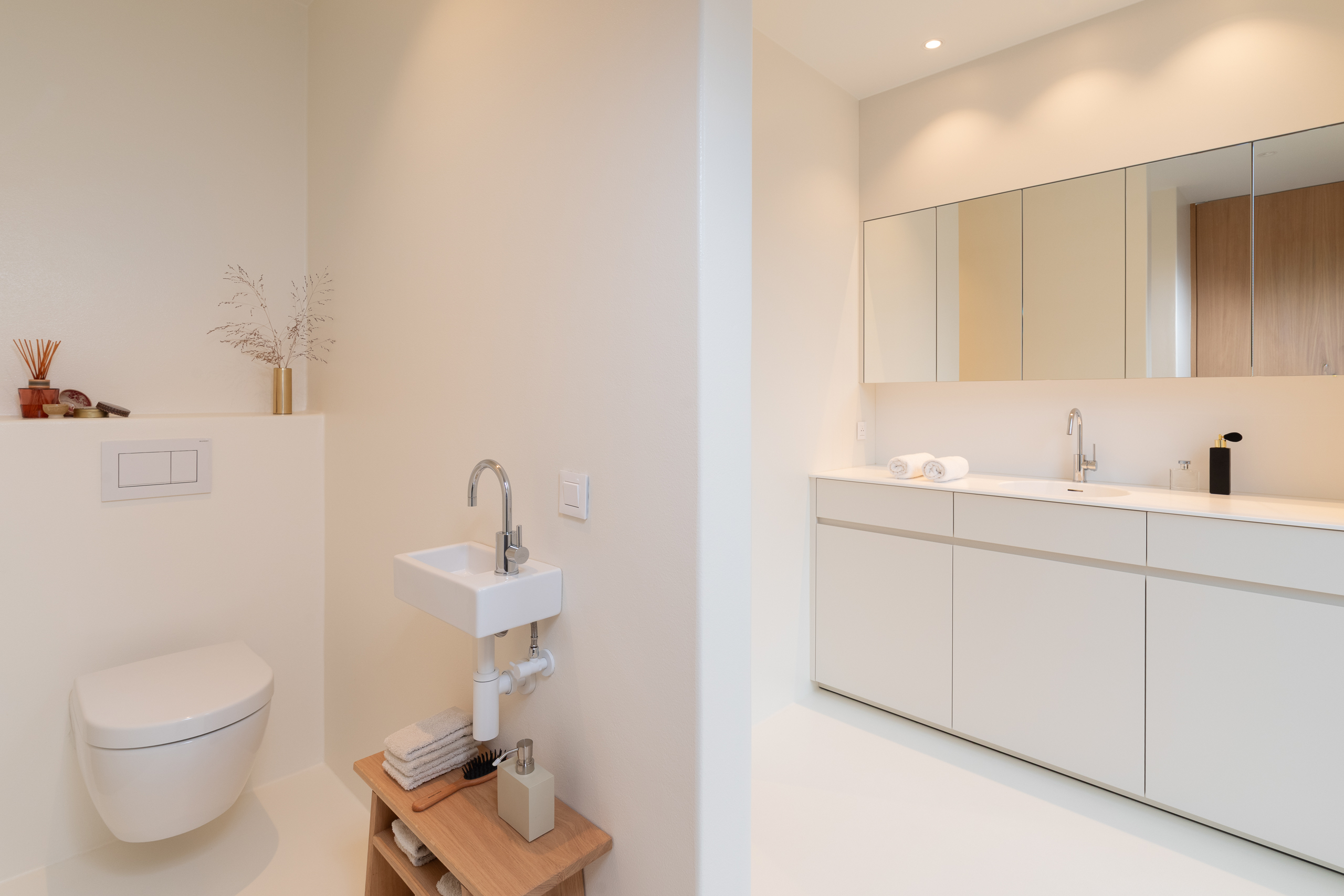 Overzicht van voegloze polyester ensuite badkamer in nieuwbouwwoning te Avelgem