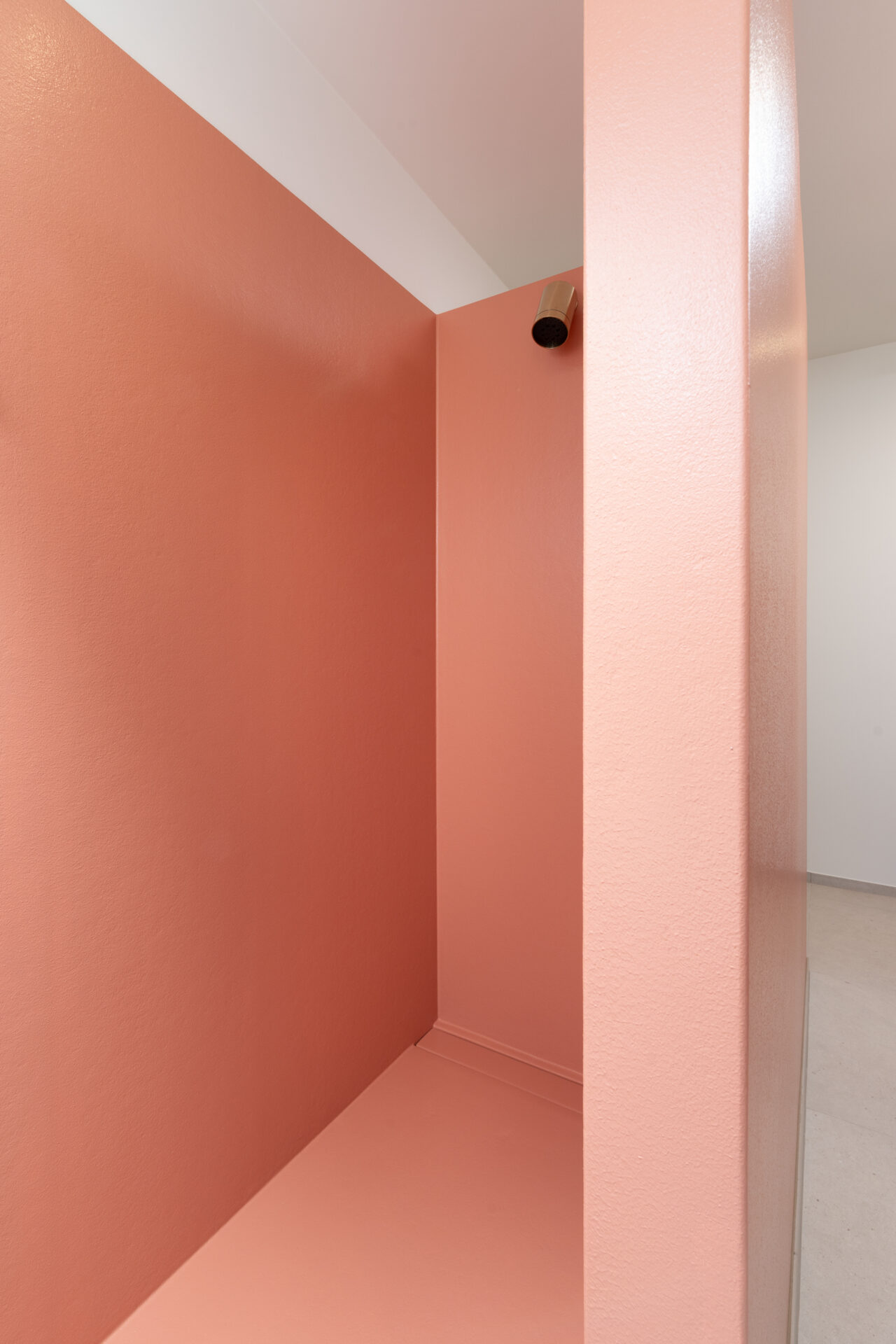 Douchezone in terracotta Polycoat RAL 3012 met geïntegreerd nisje te Kortrijk